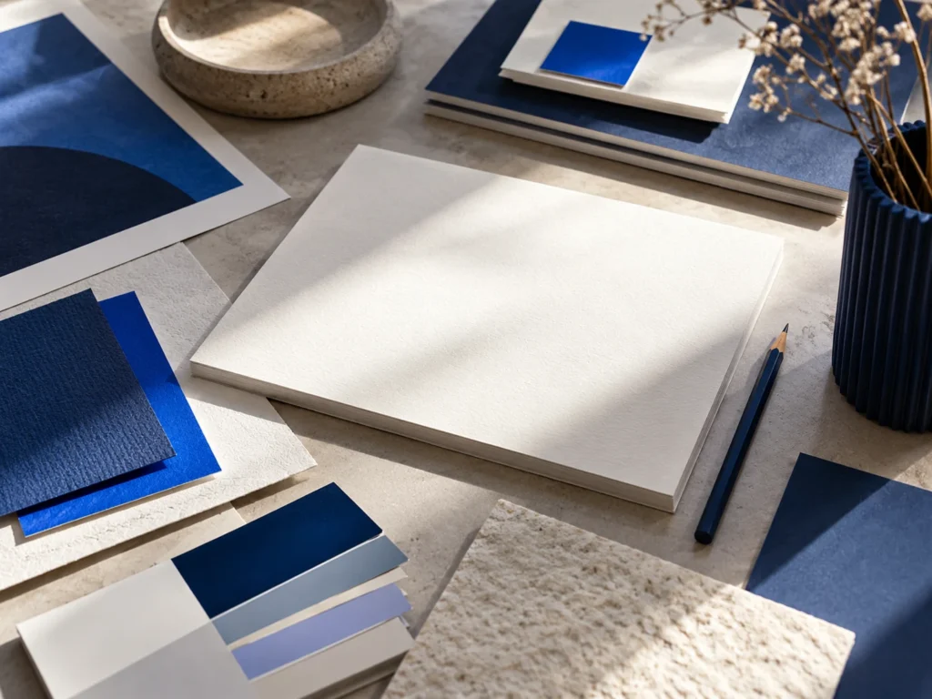 Mesa de diseño con papel y muestras de color; imagen ilustrativa, no corresponde a un proyecto de Breda Pro