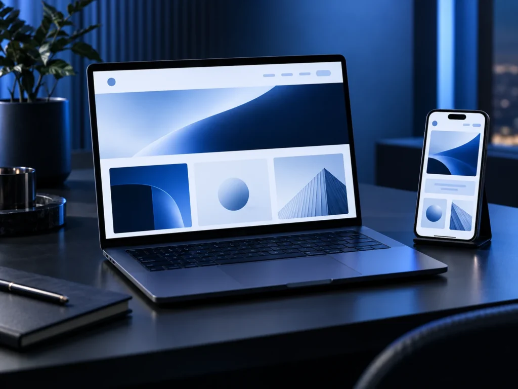 Laptop y teléfono con interfaces abstractas azules; imagen ilustrativa, no corresponde a un proyecto de Breda Pro